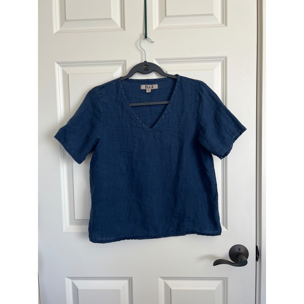 Flax 100% Linen Lightweight Short Sleeve V-Neck Top Navy Blue Size P US 4-6